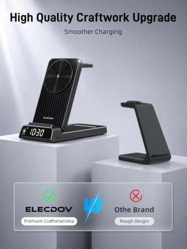 3 in 1 Charging Station for Apple, Travel Wireless Charger with Clock | ELECDOV Magnetic Charger for iPhone, Foldable Watch Charger Stand for iPhone 17/Air/16/15 Series, iWatch 10/AirPods 4 - color: Carbon Fiber