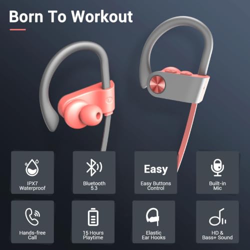 Bluetooth 5.3 Headphones, Wireless Sports In-Ear Earbuds IPX7 Waterproof | 16 Hours Playtime, Sweatproof Stereo Earphones with MIC, Noise Cancelling Headsets for Gym Running Workout, Clear Sound - color: Pink