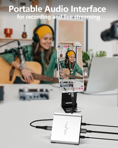 Portable Audio Interface 24bit/192kHz, Dual Gain Knob, USB C Interface | 24bit/192kHz sampling rate, Hi-Fi audio quality, Dual gain dial, Compatible with mixer/sound card for podcaster and creator - color: Silver