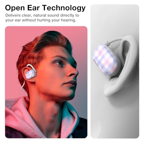 Purity Air Open Ear Headphones - True Air Conduction Wireless Bluetooth Open Ear Earbuds with Dual Mic for iPhone/Android - Secured Long Wearing Comfort, Sports Sweat Resistant (Pastel Plaid) - color: Pastel Plaid