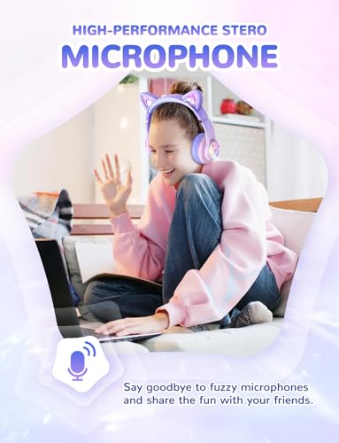 iClever BTH13 Kids Bluetooth Headphones for Girls, LED Cat Ear Travel Gift | SafeSound Tech, 50H Playtime, USB C Charging, AUX Cable, Stereo Sound, Kids Headphones Wireless with Mic for Tablet PC - color: Pink Gradient