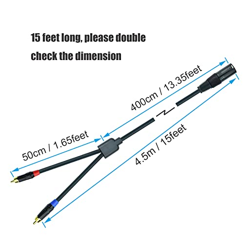 2bRCA to XLR Male Y Splitter Cable, 15Feet Dual RCA to XLR Breakout Audio Patch Cord Adapter, Nylon Braided Heavy Duty, Copper Shielded Noise Free, for Mixer, Studio Monitor, Speaker - size: 15 Feet