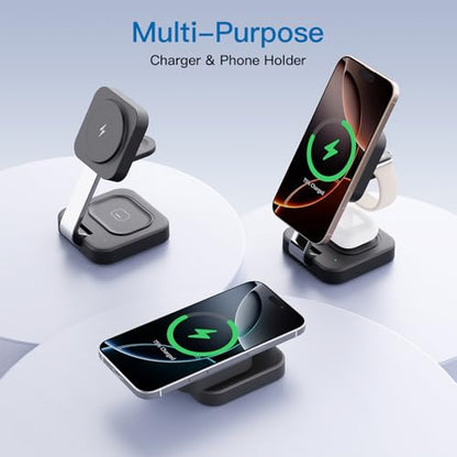 2026 Traveling Wireless Mag-Safe Fast Magnetic 3 in 1Charging Station | with iPhone 17 16 15 14 13 12 Pro Max Plus,Apple Watch Series & Air pods 4 3 2 Pro-Gifts for Wife & Husband(Black) - color: Black