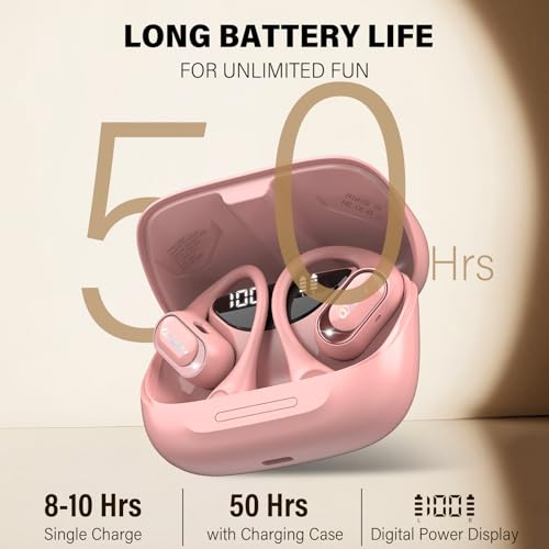 Open Ear Headphones, Bluetooth Wireless Earbuds,Pink | HiFi Stereo Open Ear Buds with HD Mic, 50H LED Power Display Air Conduction Earbuds - color: Pink