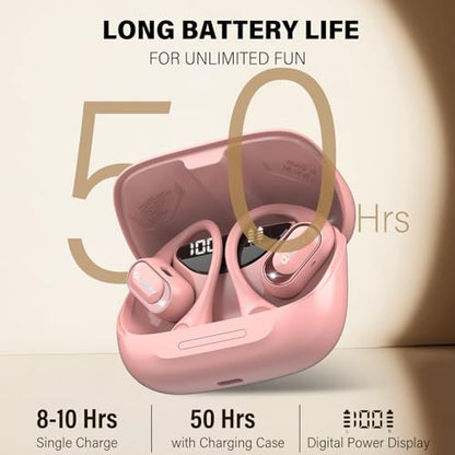 Open Ear Headphones, AI Translation Earbuds Real Time,Pink | HiFi Stereo with HD Mic, 50H LED Power Display Air Conduction Earbuds - color: Pink