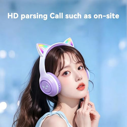 Cat-Ear Wireless Headphones Bluetooth 5.3 Over the Ear Headphones with RGB Light Built-in Mic Foldable Fashionable Stereo Headset Support TF Card for Gaming Travel PC Phone iPad（Dreamy Purple） - color: Dreamy Purple