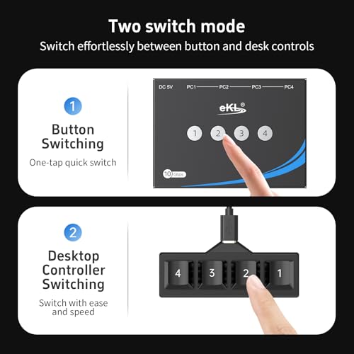 eKL USB 3.2 Switch for 4 Computers, 2 USB-C+2 USB-A 10Gbps Inputs, Share 1 USB-C+3 USB-A Peripherals Like Mouse Keyboard Printer Scanner, with 3.5mm Mic Headphone Jack, Includes 4 Cables & Controller - size: USB3.2 10Gbps 4 in 4 out with desktop controlle