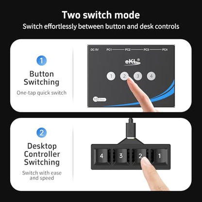 eKL USB 3.2 Switch for 4 Computers, 2 USB-C+2 USB-A 10Gbps Inputs, Share 1 USB-C+3 USB-A Peripherals Like Mouse Keyboard Printer Scanner, with 3.5mm Mic Headphone Jack, Includes 4 Cables & Controller - size: USB3.2 10Gbps 4 in 4 out with desktop controlle