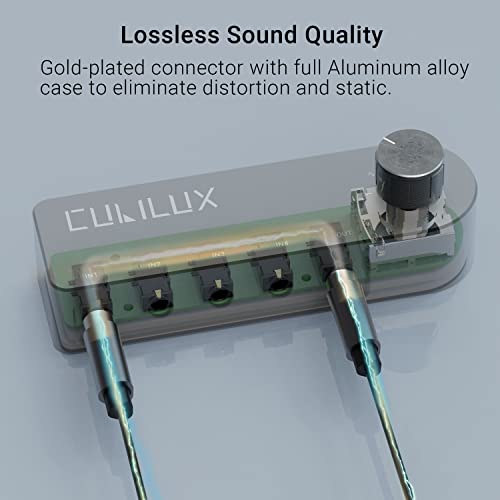 Bidirectional 3.5mm Audio Switcher (1-in to 4-Out / 4-in to 1-Out), Stereo 1/8” Aux Selector Box for Speaker Headphones/Earphones, Audio Switch for Laptop Computer Smartphone Tablet