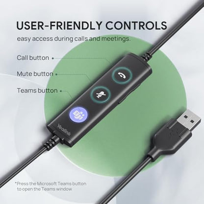 Yealink UH34 Wired Headset,USB-A,Noise Canceling Mic,in-Line Control,On-Ear | Teams/Zoom Certified, Stereo Headphones, Plug & Play for PC/Laptop/Phone, Call Center, WFH, Online Meeting, All-Day Comfort