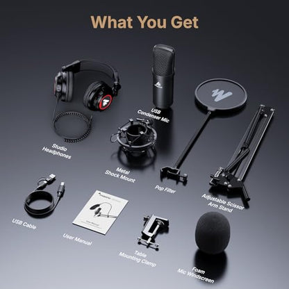 MAONO AU-A04H USB Microphone Kit with Headphones for PC, Podcast & Gaming | 192kHz/24Bit Vocal Condenser Cardioid Studio Mic Compatible with Mac & Windows for Recording, YouTube, Streaming, Voice-Over