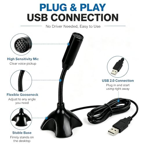 USB Microphone with Gooseneck Stand, Noise Canceling Condenser Mic, Plug & Play for PC Laptop, High Sensitivity (>2m) for Gaming, Podcast, Online Chat, Conference, Recording