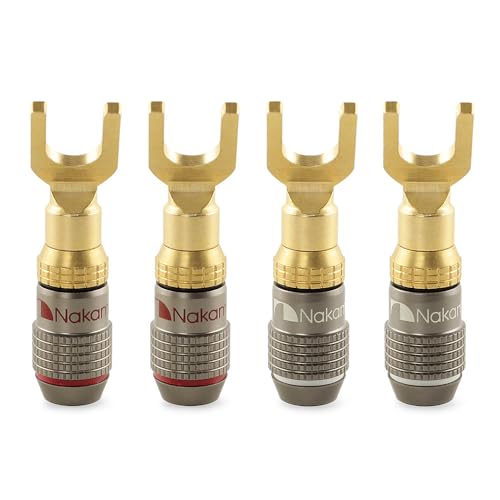 Nakamichi FanLock 24k Gold Plated Spade Y Connector Banana Plugs, 10-18 AWG | Excel Series, Gauge Size 4mm for Speakers Amplifier Hi-Fi Stereo Radio AV Audio Wire Cable Quick Connector, 4 Pcs (2-Pairs) - size: 4 Pcs (2-Pairs)