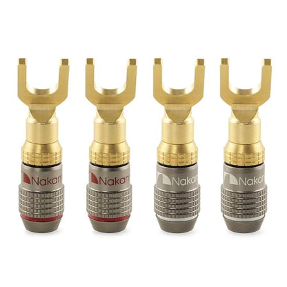Nakamichi FanLock 24k Gold Plated Spade Y Connector Banana Plugs, 10-18 AWG | Excel Series, Gauge Size 4mm for Speakers Amplifier Hi-Fi Stereo Radio AV Audio Wire Cable Quick Connector, 4 Pcs (2-Pairs) - size: 4 Pcs (2-Pairs)