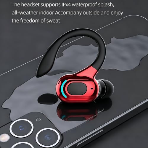 Wireless Headset Business Headphones,Waterproof Hanging Single Ear Earbuds,Mono Wireless Headset Noise Cancelling Sports Wireless Earpiece with Mic for Smart Phones (Red) - color: Red