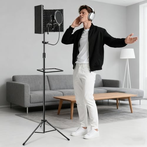 Microphone Isolation Shield, Foam Protection with Pop Filter, Tripod Stand, Foldable Design