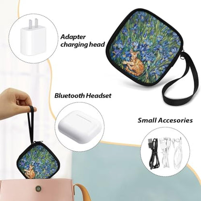 Blue Flower and Cat Portable Wireless Headphone Case, Earphone Storage Bag Carrying Case, Earbud Holder with Handle Headphone Bag Travel - color: Blue Flower And Cat