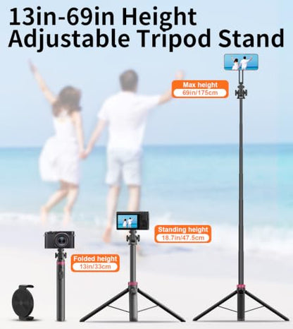 69" Magnetic Phone Tripod Stand Selfie Stick with Remote & Phone Mount | Portable Stand holder Rechargeable with Tripod Leg，360°Rotatable Travel Tripod Compatible for iPhone/Android/Magsafe