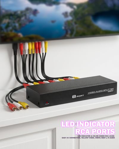 8 Way 3 RCA Switch, Powered 1 in 8 Out AV Switcher, Composite Video Audio Distribution, AV Switch, Audio Splitter Duplicator with Power Adapter