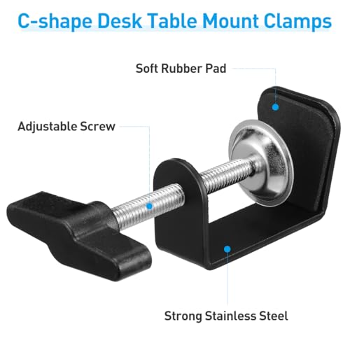 Totority 2 Pack Table Mount Clamps, Low Profile Metal Desk C-Clamp | Black Metal C-Clamps for Desk Mounting, Microphone Arms, Studio Setups, and Workspace Organization with Compact Design