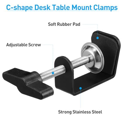 Totority 2 Pack Table Mount Clamps, Low Profile Metal Desk C-Clamp | Black Metal C-Clamps for Desk Mounting, Microphone Arms, Studio Setups, and Workspace Organization with Compact Design