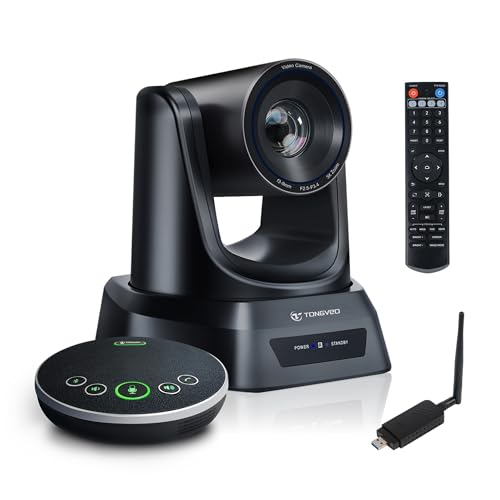 TONGVEO AI Wireless PTZ Camera System with Auto Tracking Built-in Receiver & Bluetooth Speakerphone, 5.8GHz 1080P 60fps Conference Camera with 3X Optical Zoom, for Church Zoom, OBS Meetings - color: black