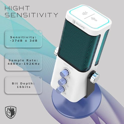 Sades Night Owl USB Gaming Microphone – Cardioid Condenser Mic with RGB Lighting, Gain Control, Plug and Play for PC, Streaming & Podcasting (White) - color: White