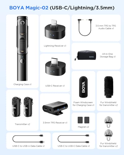 BOYA Magic-02 Wireless Lavalier Microphone, 30Hrs Battery,328FT Los Range,Safety Track&Limiter,4-in1 Mini Lapel Wireless Mic for Android iPhone Camera Laptop PC, Ai Noise Reduction for TikTok YouTube - style: Magic-02(USB-C/Lightning/3.5TRS)
