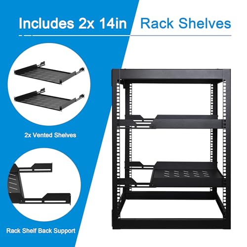 RackPath 16U Open Frame Network Rack with 2X 14in Vented 1U Shelves Rear Support, Wall Mount/Floor Standing Network Cabinet, Heavy Duty 150 lbs Capacity for IT & AV Gear, Audio and Video Device - size: 16U