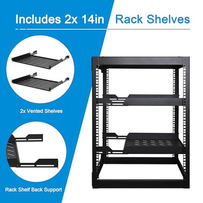 RackPath 16U Open Frame Network Rack with 2X 14in Vented 1U Shelves Rear Support, Wall Mount/Floor Standing Network Cabinet, Heavy Duty 150 lbs Capacity for IT & AV Gear, Audio and Video Device - size: 16U