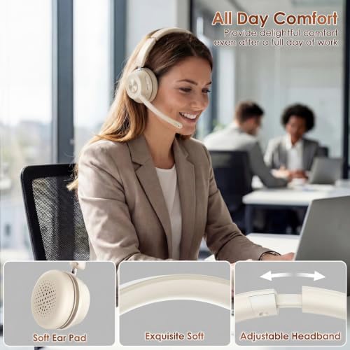 Soothielec Wireless Headset, Bluetooth Headset with Noise Cancelling Microphone, Best Headphones with Mic Mute & USB Dongle for PC/Computer/Laptop/Cell Phones/Remote Work/Call Center (Beige)