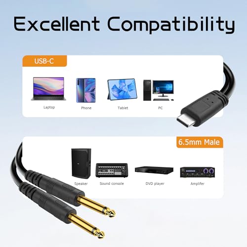 YACSEJAO USB C to 6.35mm TS Audio Cable,1m USB Type C Male to Dual 6.35mm Mono Male 1/4 inch Stereo Splitter Cable for Phone,Laptop,Amplifier,Mixer (Straight) - style: Straight