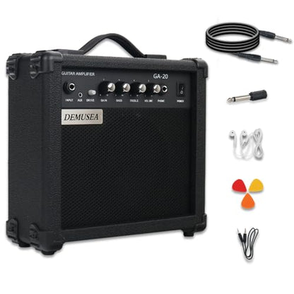 Electric Guitar Amplifier 20w Guitar Amp Starter Beginner Practice Small Portable Travel Headphone Aux Distortion Gain Treble Bass Volume Noiseless Cable Adapter Pick Aux Cable Earphone (BK) - color: Black