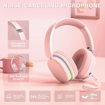 AULA G7 Pro Wireless Gaming Headset with 7.1 Surround Sound, 40mm Driver,BT5.3 Gaming Headphones with Mic, RGB, 10ms Latency, 65H Battery,Pink Gaming Headset for PS5,PS4, Switch,PC,Wired Mode for Xbox