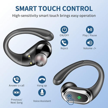 Wireless Earbuds, 2026 Bluetooth 5.4 Headphones Sport, 60Hrs HiFi Stereo Deep Bass Over-Ear buds with ENC Noise Cancelling Mic, IP7 Waterproof & LED Display Earphones with Earhooks for Workout/Running - color: SkyMark Black