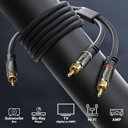 KabelDirekt – RCA/Phono Y Cable – 1×2 – 3ft | Coax, male/male plugs, analog/digital, adapter for subs/amps/Hi-Fis/home theater/receivers, black - size: 3 feet, style: 1-Pack