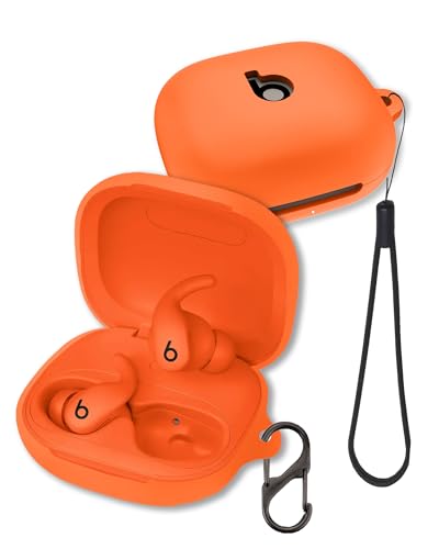 Case for Beats Powerbeats Fit Earbuds 2025 (Orange) | Soft Silicone Protective Cover with Carabiner and Lanyard, Shockproof - color: Orange