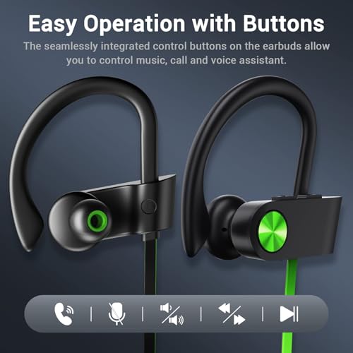 Bluetooth 5.3 Headphones, Wireless Sports In-Ear Earbuds IPX7 Waterproof | 16 Hours Playtime, Sweatproof Stereo Earphones with MIC, Noise Cancelling Headsets for Gym Running Workout, Clear Sound - color: Green