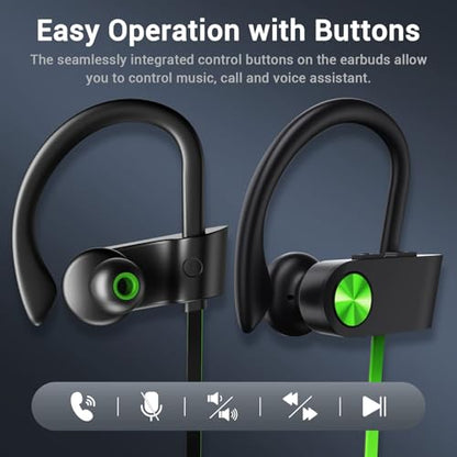 Bluetooth 5.3 Headphones, Wireless Sports In-Ear Earbuds IPX7 Waterproof | 16 Hours Playtime, Sweatproof Stereo Earphones with MIC, Noise Cancelling Headsets for Gym Running Workout, Clear Sound - color: Green