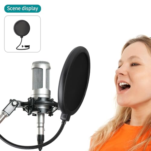 Professional Microphone Pop Filter Shield,Mic Wind Mask Shield Screen with Blue Yeti and Any Other Microphone, Dual Layered Wind Pop Screen With A Flexible 360 Degree Gooseneck Clip Stabilizing Arm