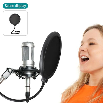 Professional Microphone Pop Filter Shield,Mic Wind Mask Shield Screen with Blue Yeti and Any Other Microphone, Dual Layered Wind Pop Screen With A Flexible 360 Degree Gooseneck Clip Stabilizing Arm