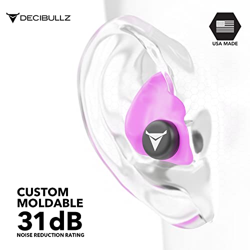 Decibullz Custom Molded Earplugs, 31dB Highest NRR, Comfortable Hearing Protection for Shooting, Travel, Swimming, Work and Concerts (Pink) - color: Pink