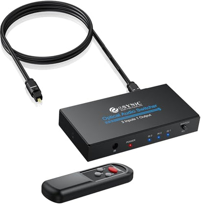 eSynic Portable Digital Optical Audio Switcher 3 in 1 Out-Aluminum Alloy | USB Powered-IR Remote Control-Works with Dolby Digital and DTS Audio Formats From PS4/Blue-Ray/DVD/HDTV to Optical Soundbar