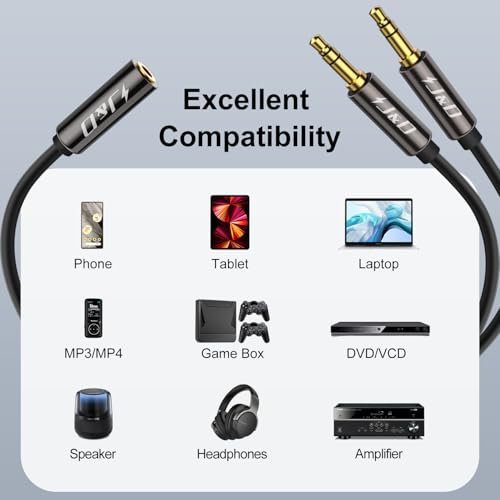 J&D 1/8 Inch TRS Stereo Y Splitter Cable, Gold Plated Copper Shell 3.5mm Female to Dual Male Adapter, Only Suitable for Switching, 2 Feet - size: 2 Feet