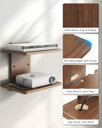 Floating TV Projector Shelf Wall Mount - 2 Tier Wooden Shelf, Walnut Brown | Home Decor, Cable Management, DVD Player, Router, Game Console, Cable Box, Play Station, Holds Up to 22lbs per Shelf - size: 2-Tier Shelf