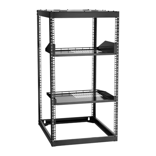 VEVOR 20U Server Rack, Open Frame Network Rack,4-Post Floor Standing or Wall Mounted, Includes 2PCS Vented 1U Rack Shelves & Mounting Hardware, Computer Wall Rack for 19" IT/AV Equipment - size: 20U Server Rack