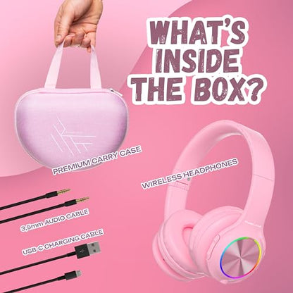 PowerLocus PLED Kids Bluetooth Headphones, Kids Wireless Headphones with LED Lights, 74/85/94dB Safe Volume, Micro SD, AUX Cable, Hi-Fi Stereo, Built-in Mic Over Ear Kid Headphone for Travel/Tablet/PC - color: Pink