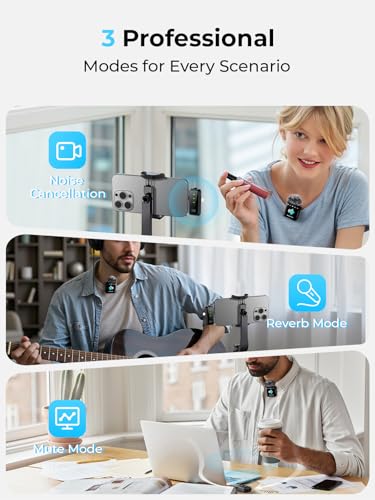 MENERESAS Wireless Lavalier Microphone for iPhone: Mini Microphone Noise Reduction - 328ft Transmission & 20H Battery Life for Video Recording, 3-in-1 Universal Camera & Android, Deep Grey