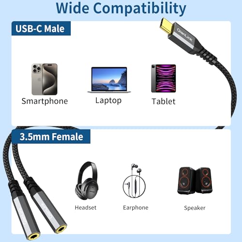 USB C to Dual 3.5mm Female Headphone Splitter, Type C to Dual 3.5mm Aux Y Jack Splitter Headphone Microphone Adapter for iPhone 15 16 17 Pro Max, Samsung Galaxy S25 S24 23 22, Pixel,Note 20, iPad Pro