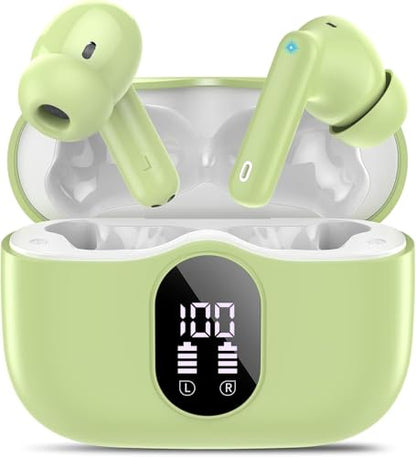 Wireless Earbuds, 2026 Bluetooth 5.4 Headphones Bass Stereo, Grass Green | Ear Buds with Noise Cancelling Mic LED Display in Ear Earphones IP7 Waterproof 36H Bluetooth Earbuds for Phones/Sport/Laptop - color: Grass Green